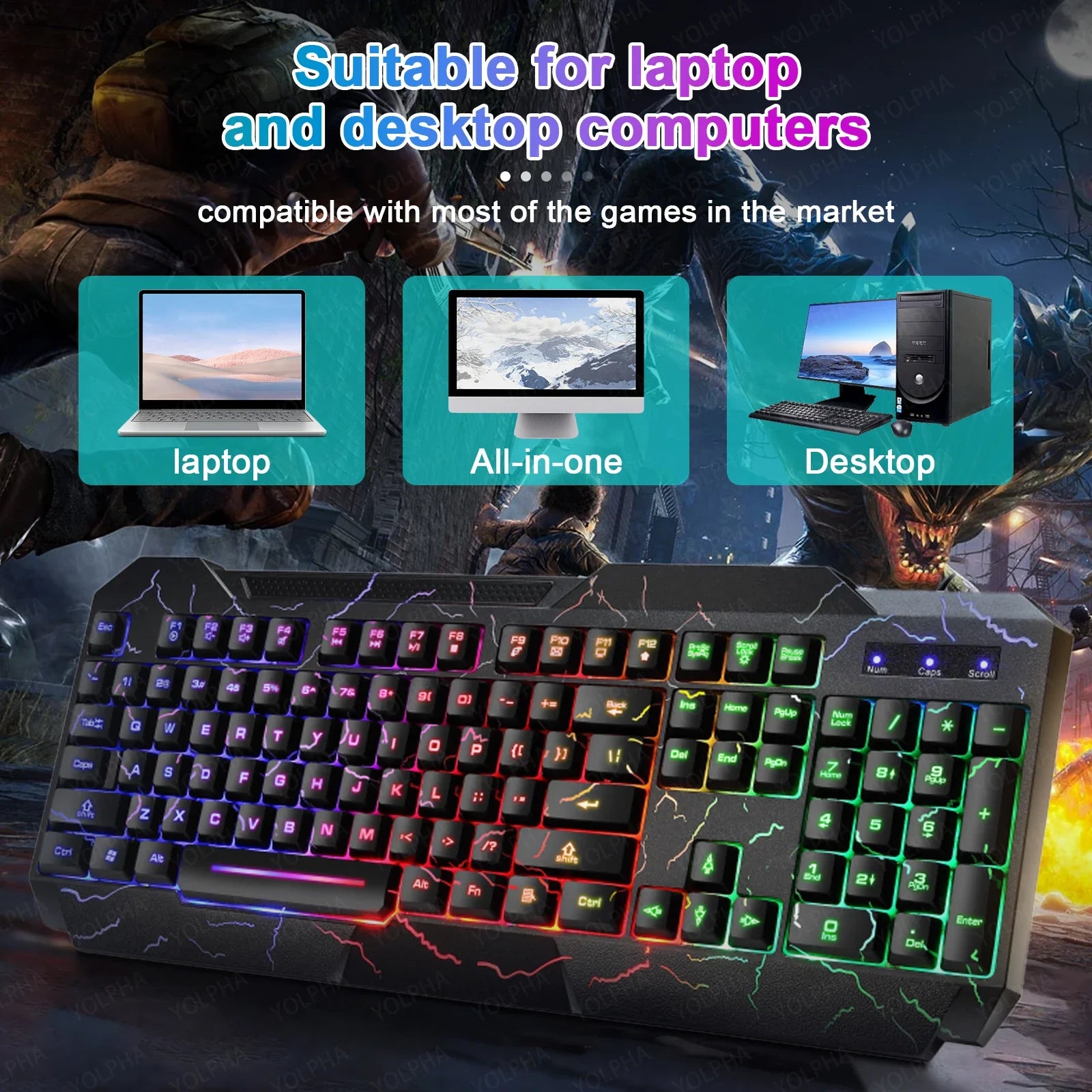 Комплект геймърска клавиатура и мишка Crack Rainbow Glow с подсветка, светеща геймърска периферия, ергономична механична клавиатура и мишка