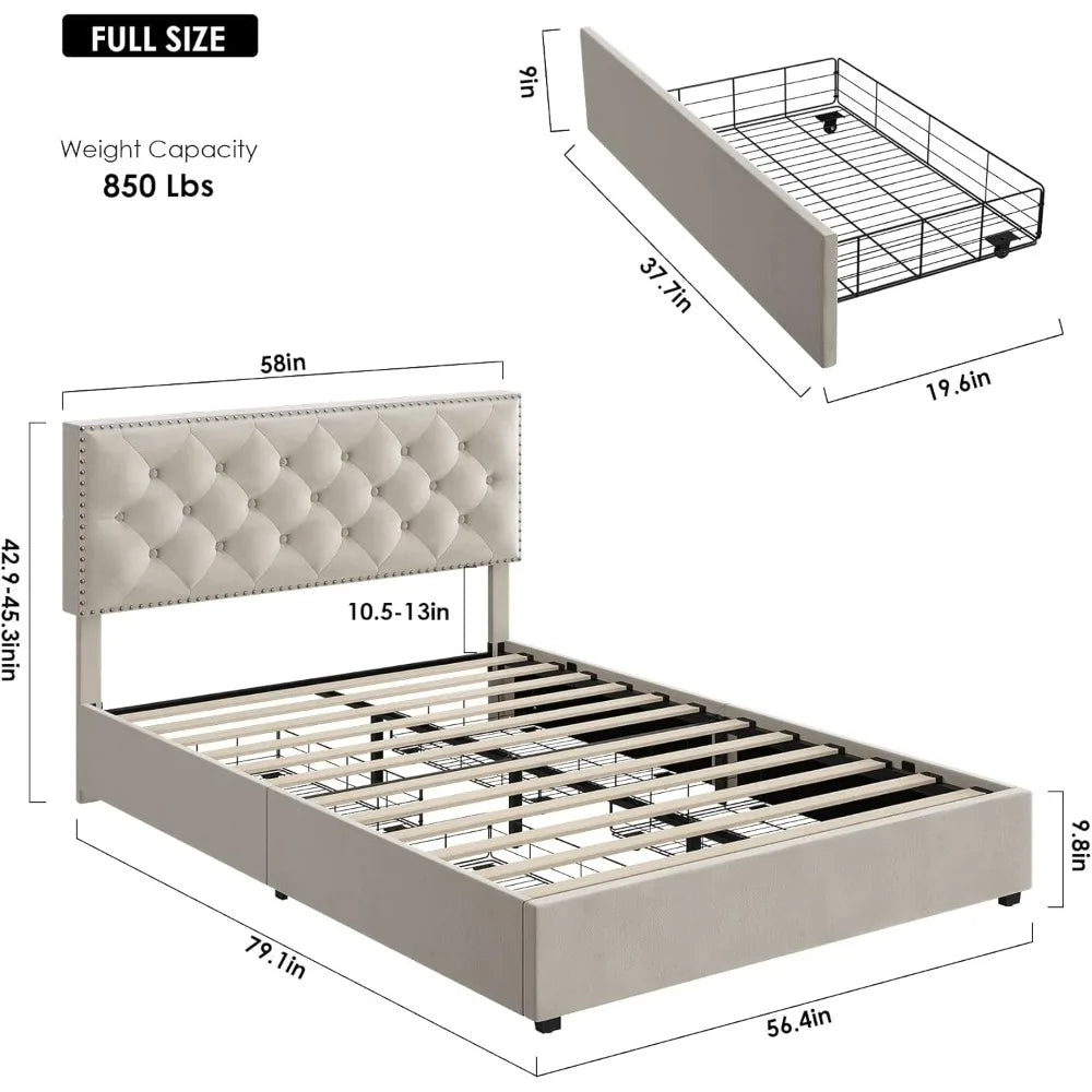 HOSTACK Full Size Bed Frame with 4 Storage Drawers, Modern Upholstered Platform Bed with Adjustable Headboard,Button Tufted Bed