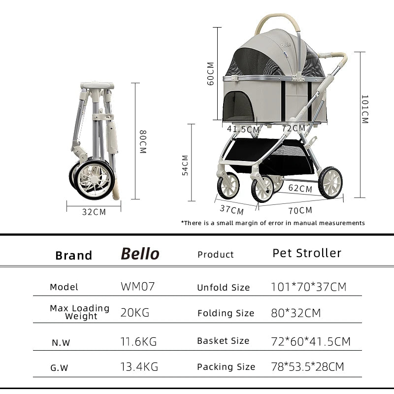 Bello Haustier-Kinderwagen, hohe Sicht, modern, abnehmbar, mittlerer und großer Wagen, Aluminiumlegierung, Katze/Hund, Handschieben, PU-Räder, abnehmbar