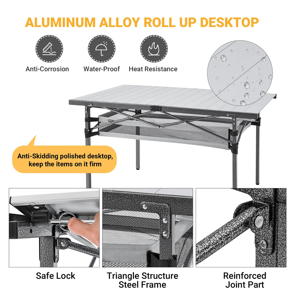 KingCamp Camping Table Folding Table, Outdoor Camping Picnic BBQ with Net Pocket, Aluminum Lightweight