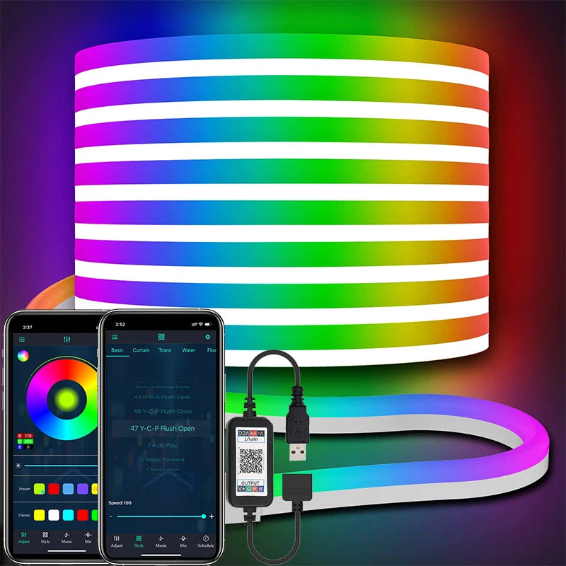 Bluetooth LED Neon Rope Lights 16.4ft RGB LED Rope Lights 5V APP Control Color Changing Rope Light, Gaming LED Neon Strip Lights