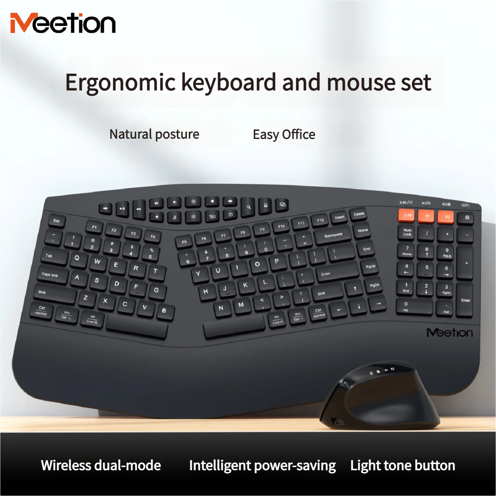 Ergonomische kabellose Tastatur-Maus-Kombination mit Handballenauflage, 2,4-G-Bluetooth-Dualmodus, leisem Klicken, Multimedia-Tasten für Büro/Zuhause
