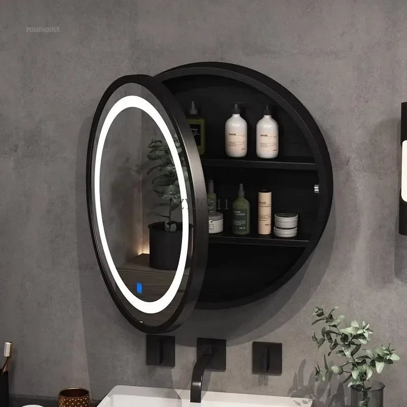 Nordic LED Smart Bathroom Mirror Cabinets Solid Wood Oval Bathroom Wall Hanging Round Vanity Mirrors with Storage Shelf b