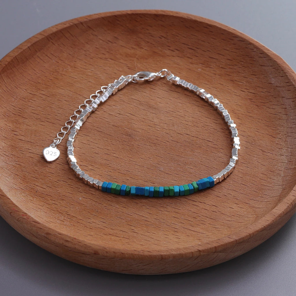 VENTFILLE 925 Sterling Silver Natural Turquoise Square Bead Bracelet For Women Gift Crushed Silver Jewelry Dropshipping