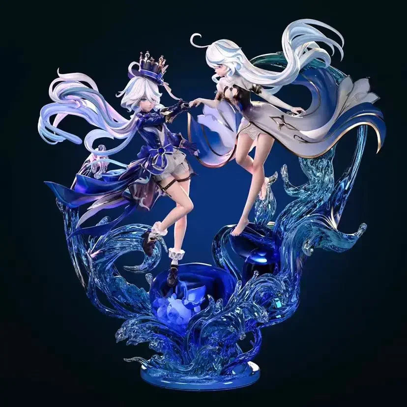 Detailed figurine of two characters on a blue and clear base with a dark background