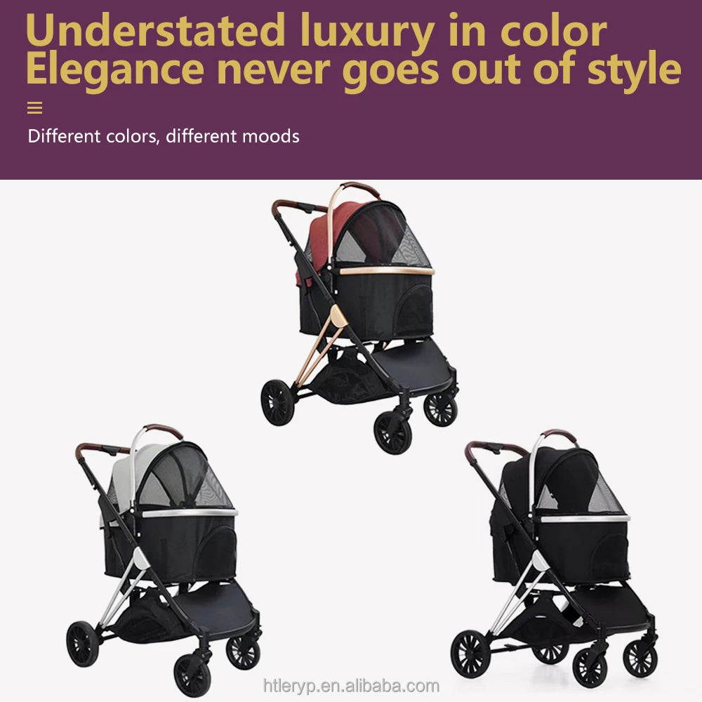Pet Stroller With Storage Basket For Medium Large Dogs/Cats 3 In 1 Foldable Carbon Steel Alloy Detachable Carrier