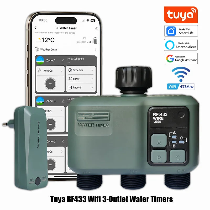 2025 Tuya Wifi+RF433 smart Garden Sprinkler Water Timer by 3 Way Rain Delay Filter Programmable Automatic Irrigation Controller