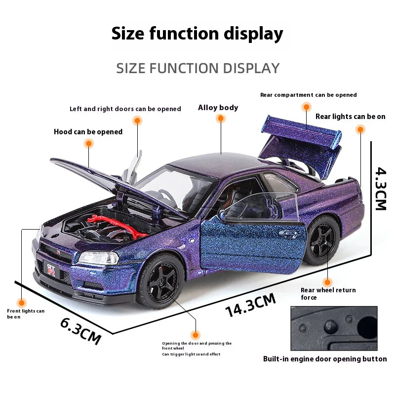 1:32 GTR R34 Skyline Street Car Version Supercar Die Casting Alloy Model Metal Car Sound Light Pull Back Mini GT Valentine's Day