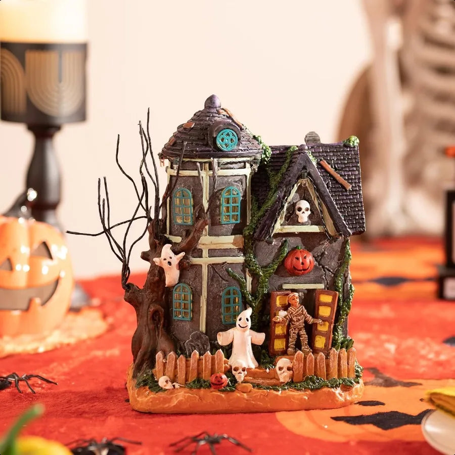 Halloween Decorations Lighted Halloween Village Houses with Music and LED Lights Resin Spooky Town Mummy's Haunted House for Ho
