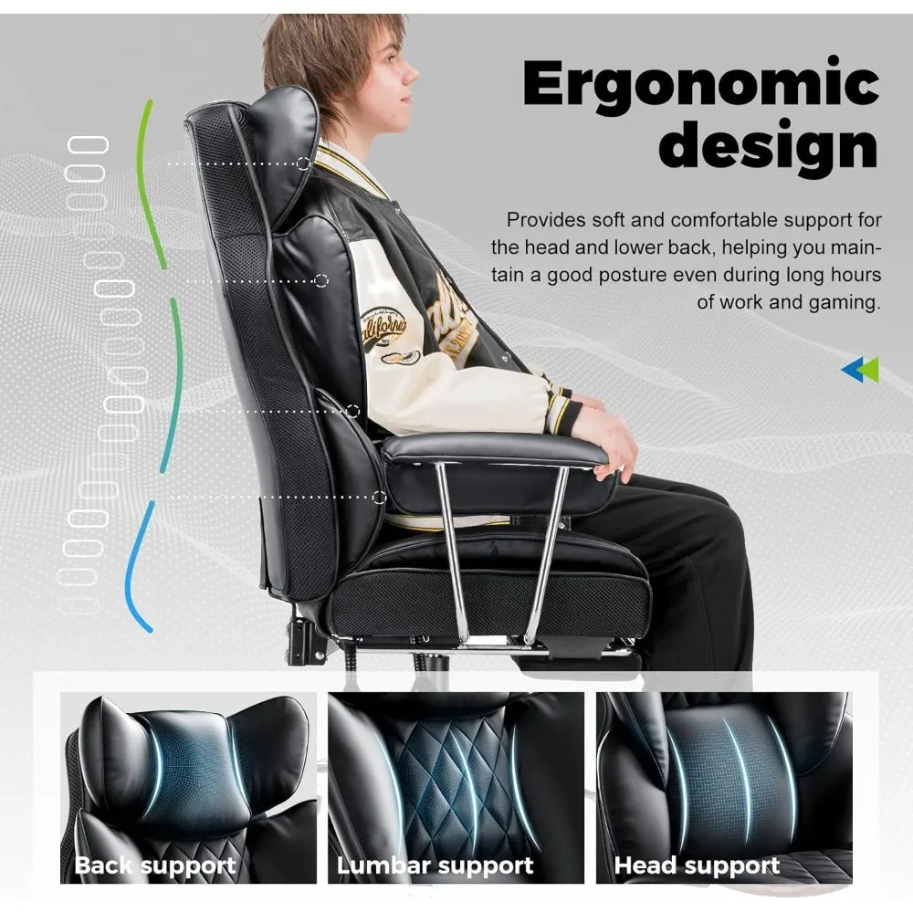 Big and Tall Office Chair, High Back Leather Gaming Chair with Footrest, Executive Ergonomic Office Chair with Pocket