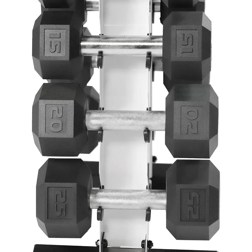 WF Athletic Supply 5 to 25 Pound Rubber-Coated Hex Dumbbell Set with Storage Rack for Muscle Toning and Strength Training