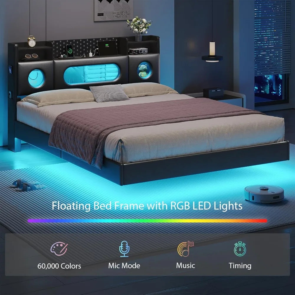 Queen Size Floating Bed Frame with Storage and LED Headboard Platform Bed with Metal Construction