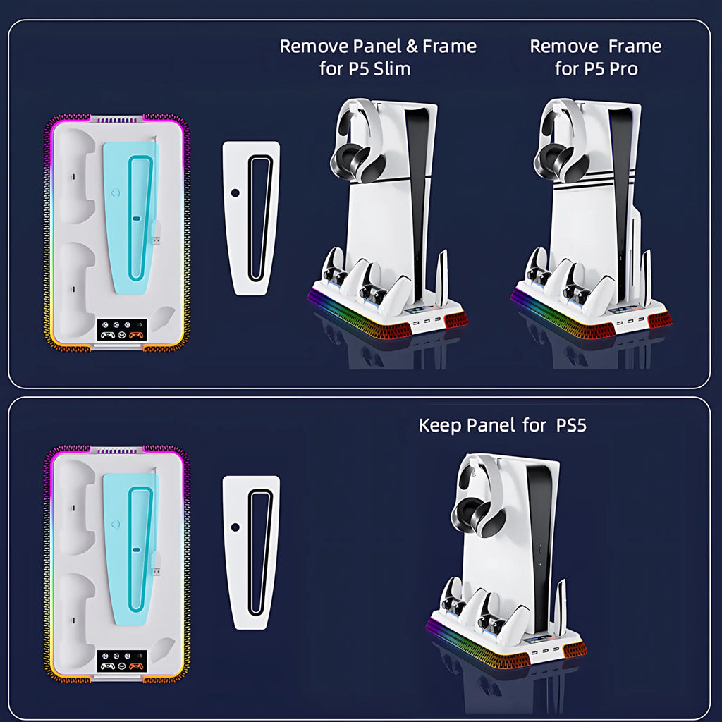 Cooling Station for PS5/PS5 Slim/PS5 Pro, YH66S Vertical RGB PS5 Cooling Stand with Controller Charging Dock, Headset Hook, USB