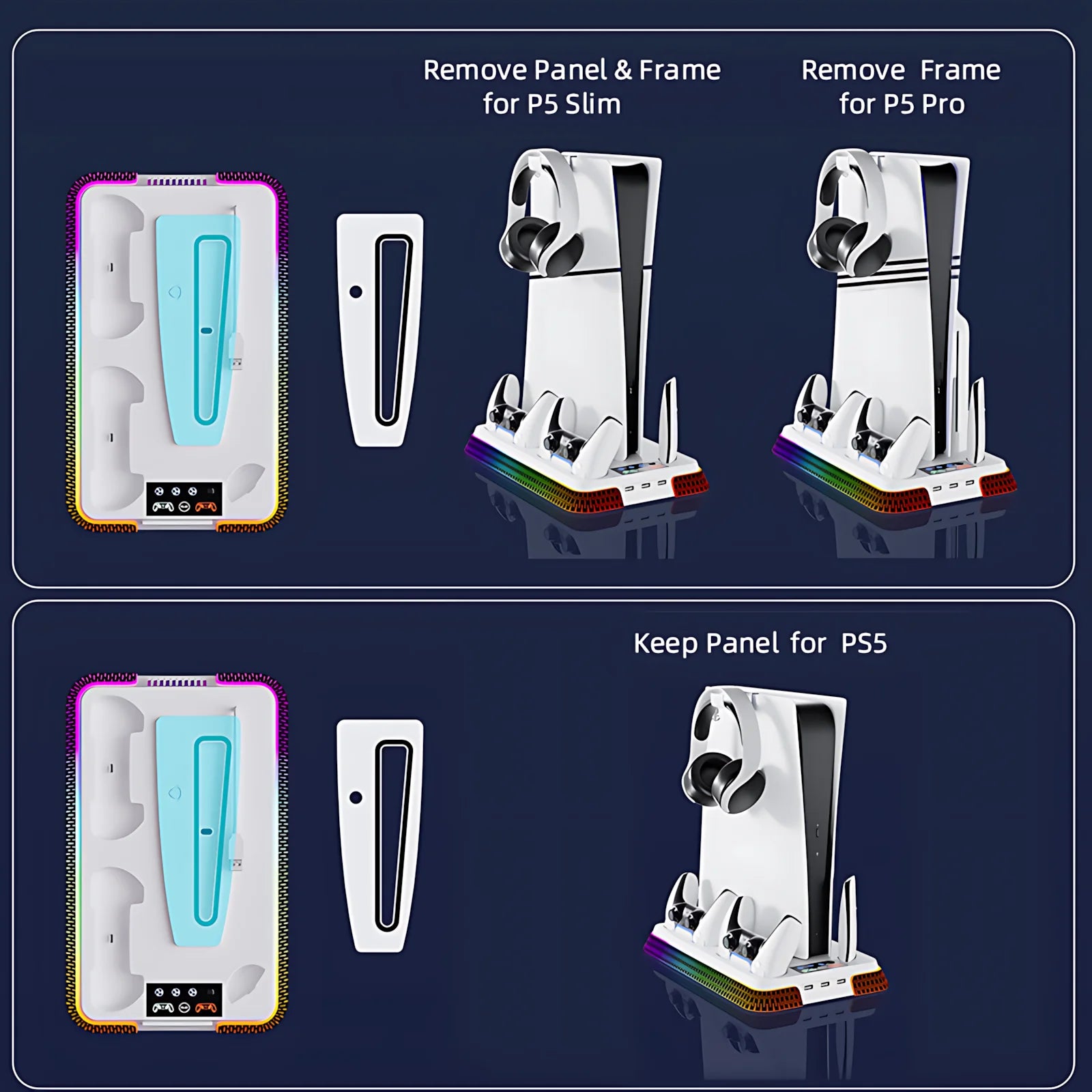 Cooling Station for PS5/PS5 Slim/PS5 Pro, YH66S Vertical RGB PS5 Cooling Stand with Controller Charging Dock, Headset Hook, USB