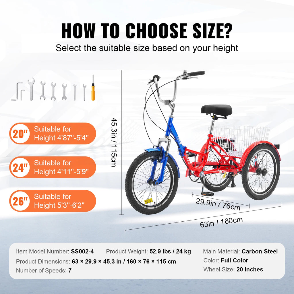SucceBuy 20-26inch Folding Adult Tricycle 7 Speed Carbon Steel 3 Wheels with Basket Adjustable Seat Shopping Picnic For Seniors