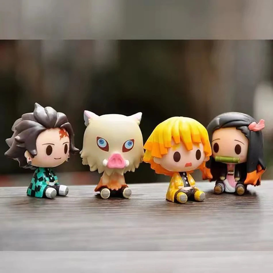 4Pcs/Set Demon Slayer Kimetsu No Yaiba Q Version Sitting Figures Tanjiro Nezuko Zenitsu Inosuke PVC Desktop Ornaments Model Toys