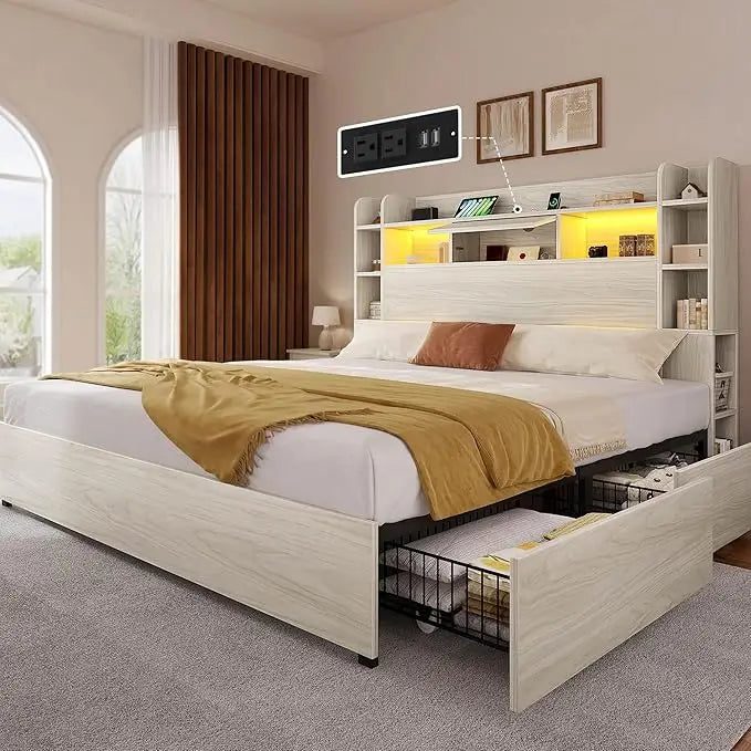 YITAHOME King Bed Frame with Bookcase Headboard and 4 Storage Drawers, RGB LED Light Bed with Type-C & USB Charging Station Stor