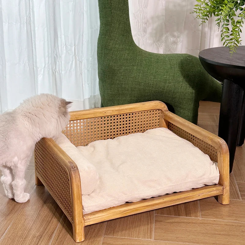Handwoven Rattan Cat Bed Summer Breathable Pet Sofa Multi-Functional Cat Hammock Space-Saving Minimalist Lounge for Living Room