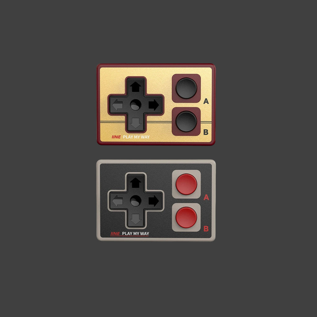 Two retro-style game controllers with IINE branding on a white background.