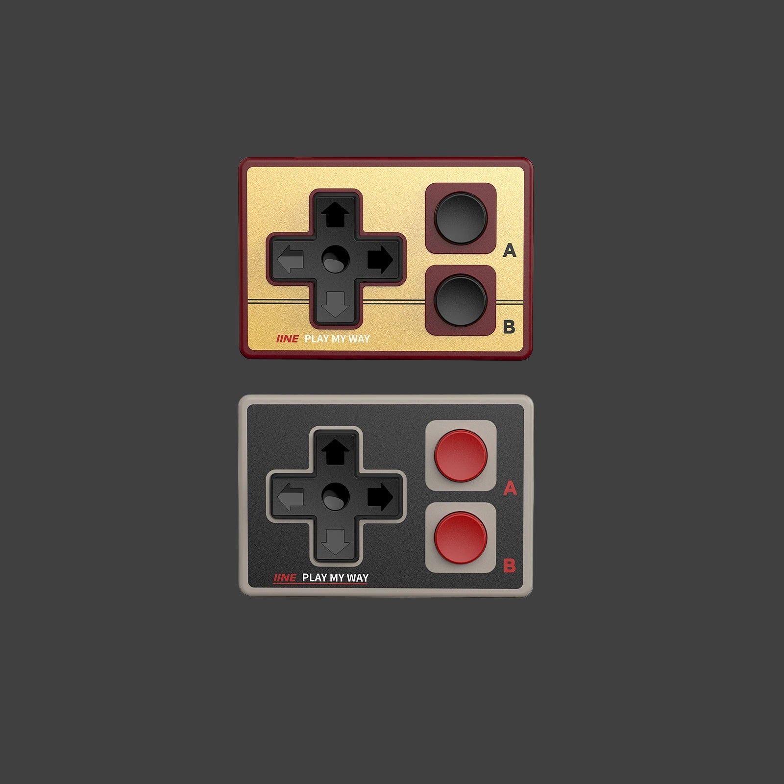 Two retro-style game controllers with IINE branding on a white background.