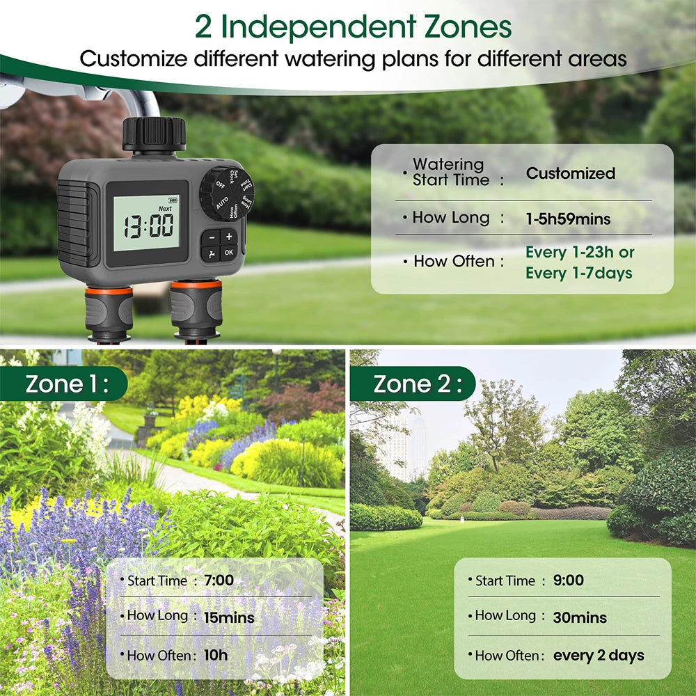 TNCE 1/2-Wege-Sprinkler-Timer, programmierbares Gartenbewässerungssystem, Bewässerungssteuerung für Rasenhof-Tropfsysteme, IPX5