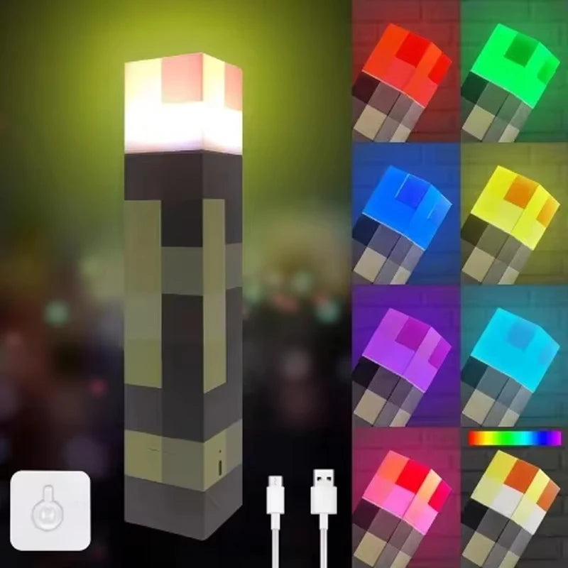 MC Game Brownstone Torch Lamp Figure Colors LED Night Light Bedroom Decorative Table Lamp USB Charging with Buckle Kids Toy Gift