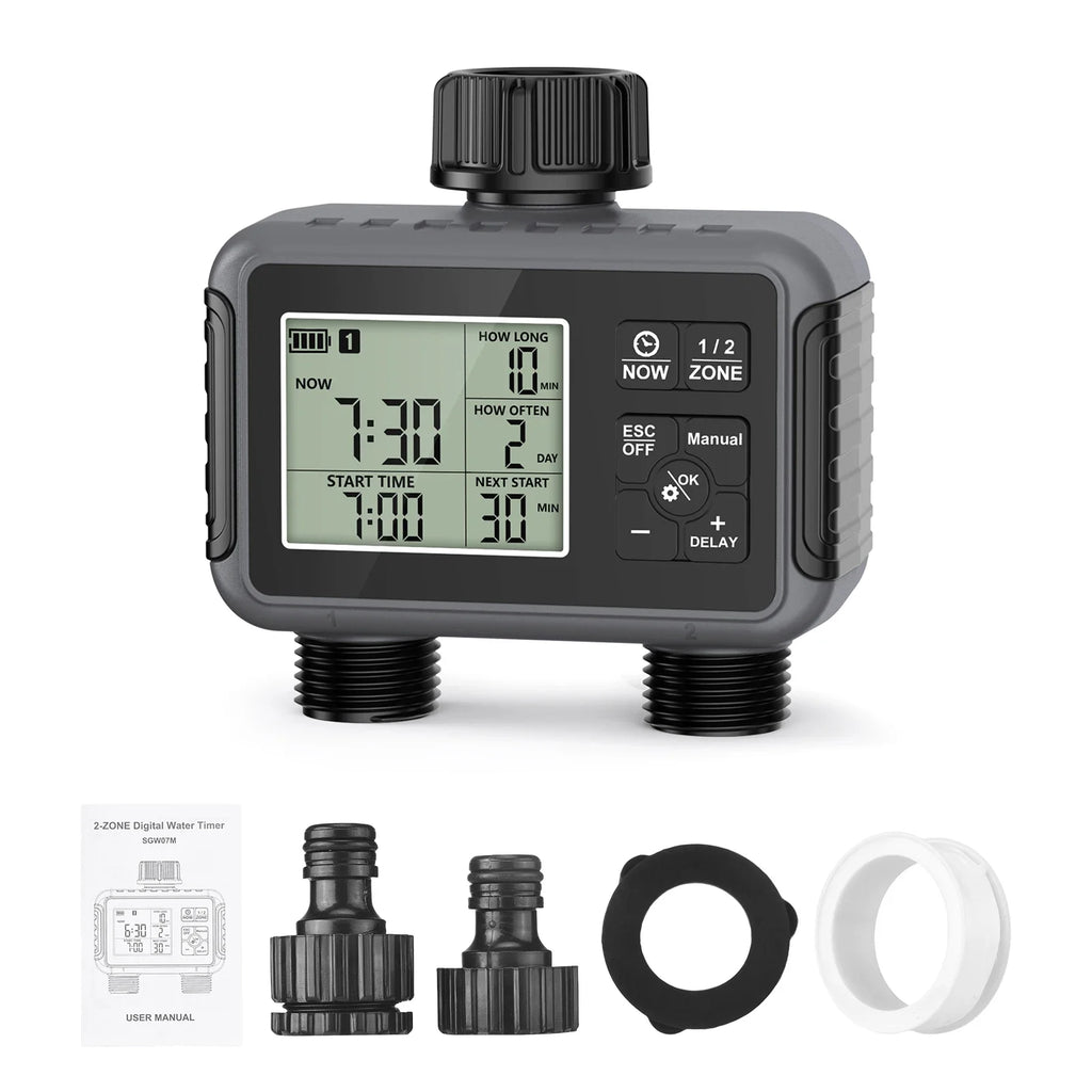 Wassertimer Gartenbewässerungssystem 2 Ausgänge Automatische Zeitventile Controller Regenverzögerung Bewässerung Großes LCD IPX5 Wasserdicht 