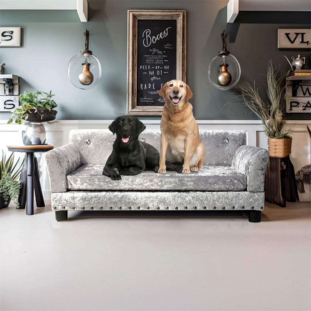 Deluxe-Hundecouchbett, silbernes holländisches Samtpolstersofa mit abnehmbarem Kissen für mittelgroße bis große Hunde