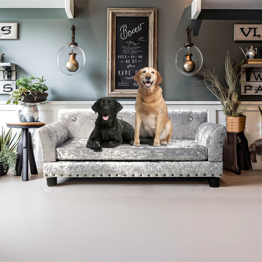 Deluxe-Hundecouchbett, silbernes holländisches Samtpolstersofa mit abnehmbarem Kissen für mittelgroße bis große Hunde