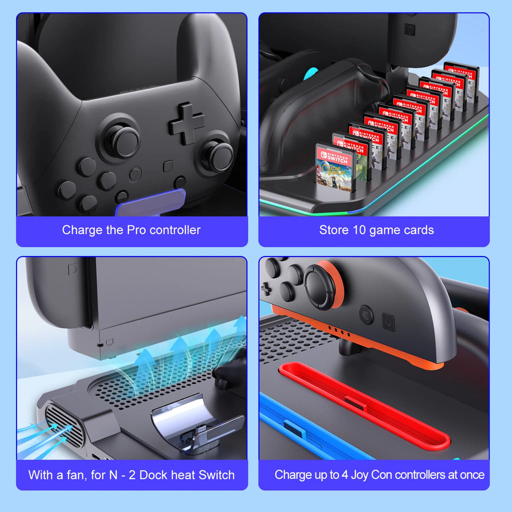 Multi-functional Cooling & Charging Stand SW2139 for Switch 2 with Cooling Fan,10 Game Card Slots & Offering 9 Adj Light Effects