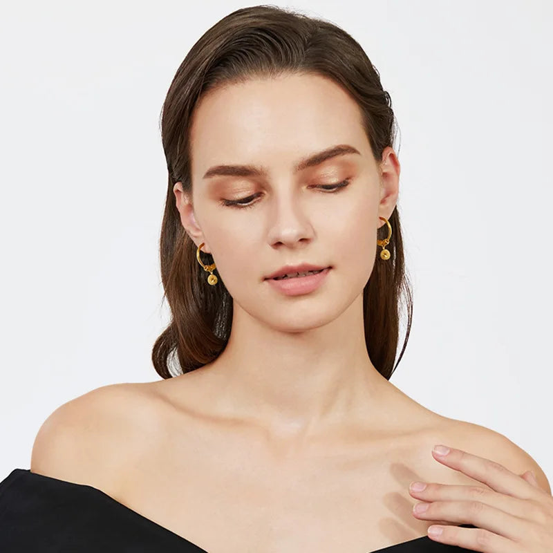 Pure 18 K Gold Color Shiny Simple Transport Beads Earring Jewelry for Women Bride Never Fade Jewelry Birthday Wedding Gifts