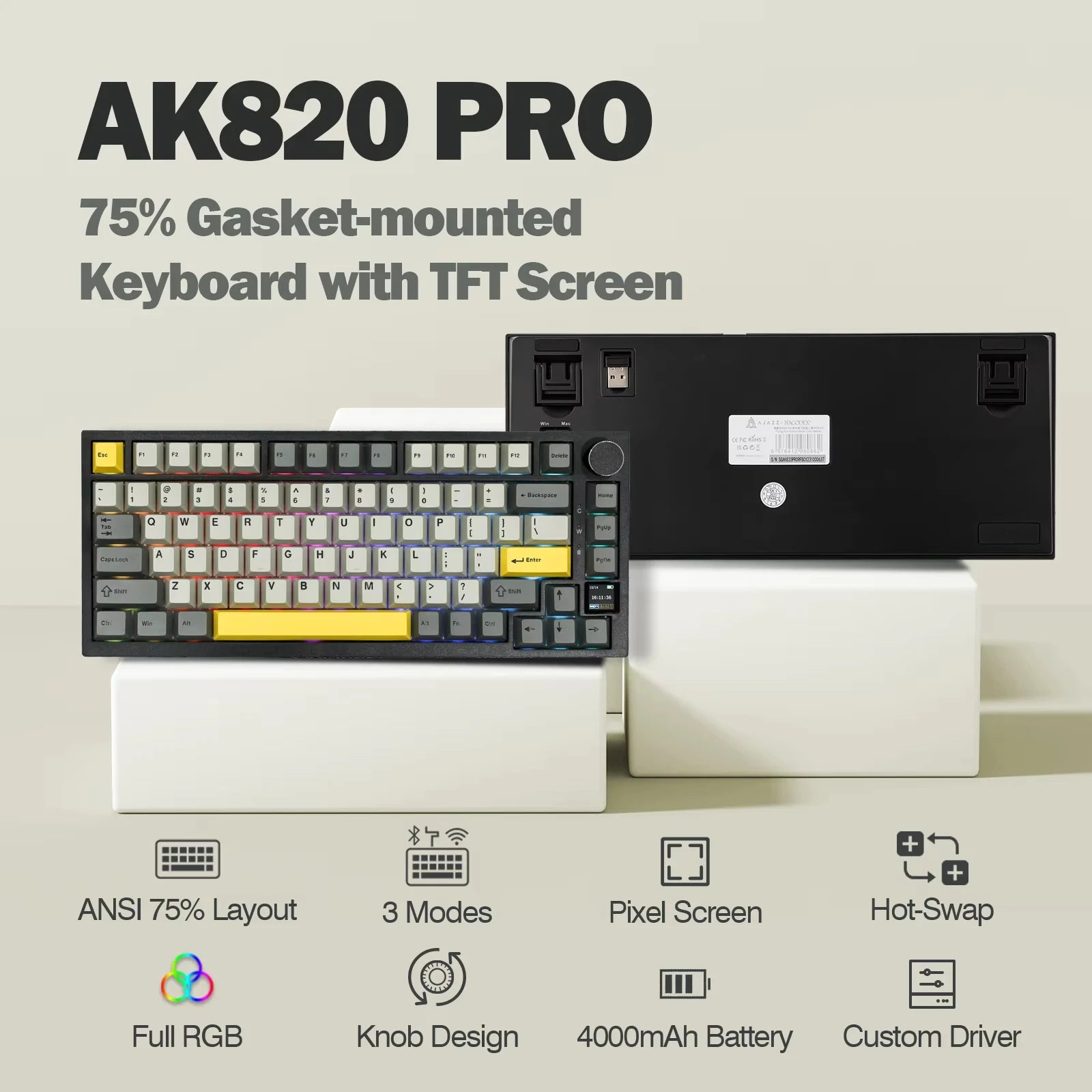 Ajazz AK820 Pro 75 % Dichtungsmontierte Typ-C-Kabel-/Bluetooth 5.1/2.4G-Kabellose mechanische Tastatur mit TFT-Bildschirm für Win/Mac