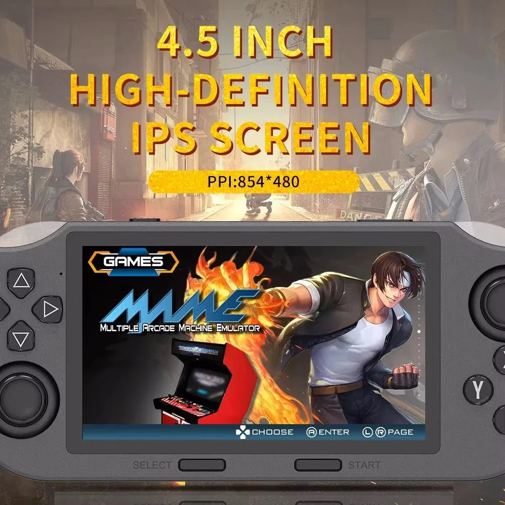 Tragbare Handheld-Spielekonsole SF3000, 4,5-Zoll-IPS-Bildschirm, Retro-Videospiel-Player, integrierte 20.000+ Spiele für PS1/GBA/SFC/MAME 