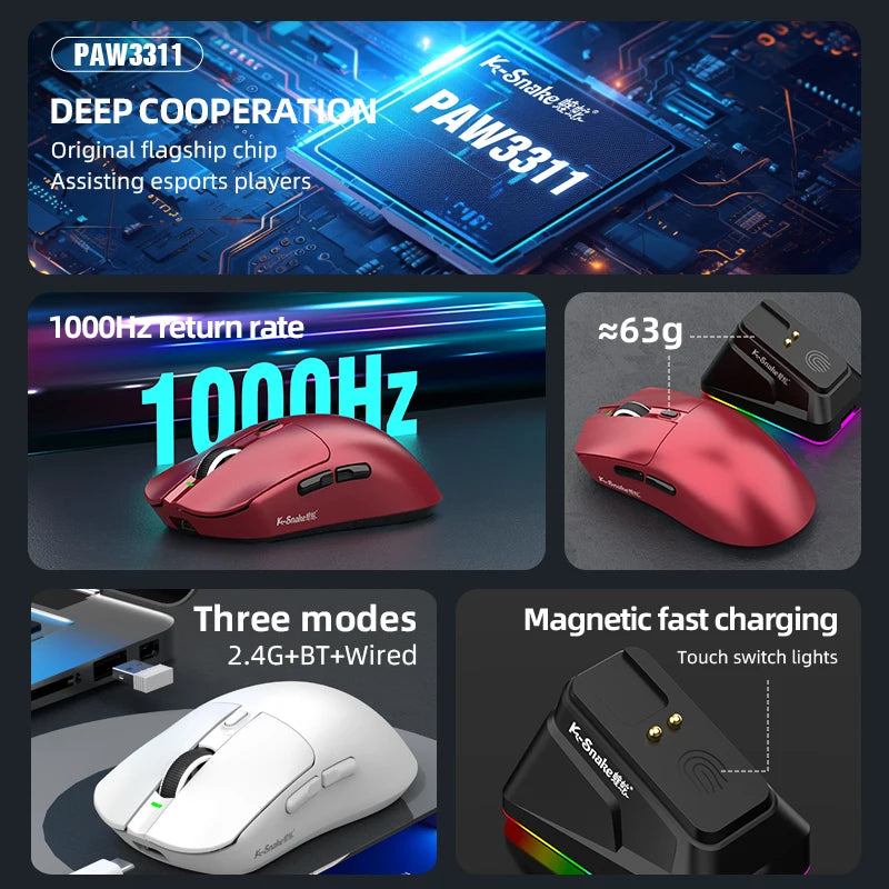 12000DPI Wireless Mouse Gaming Bluetooth Mouse Tri-Mode BT/2.4G/Wired Mice RGB Touch Magnetic Charging Base For PC Android Ios