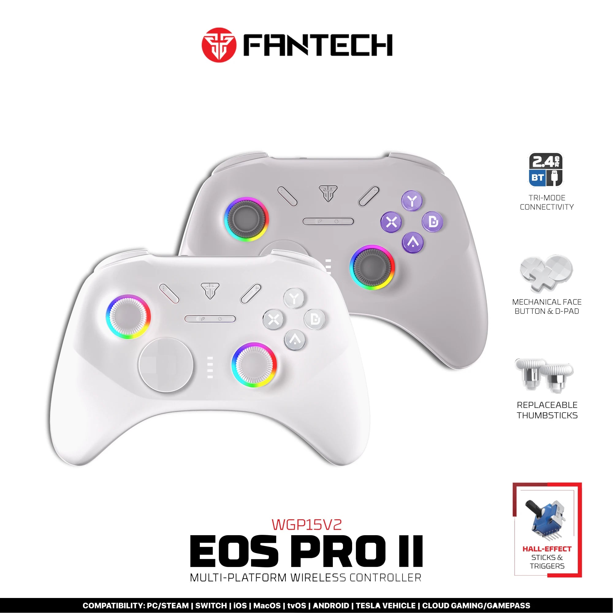 FANTECH WGP15 V2 Wireless Gamepad Hall Effect Joysticks Triggers RGB Light 1000HZ Gaming Controller For PC/Switch/Phone/TV