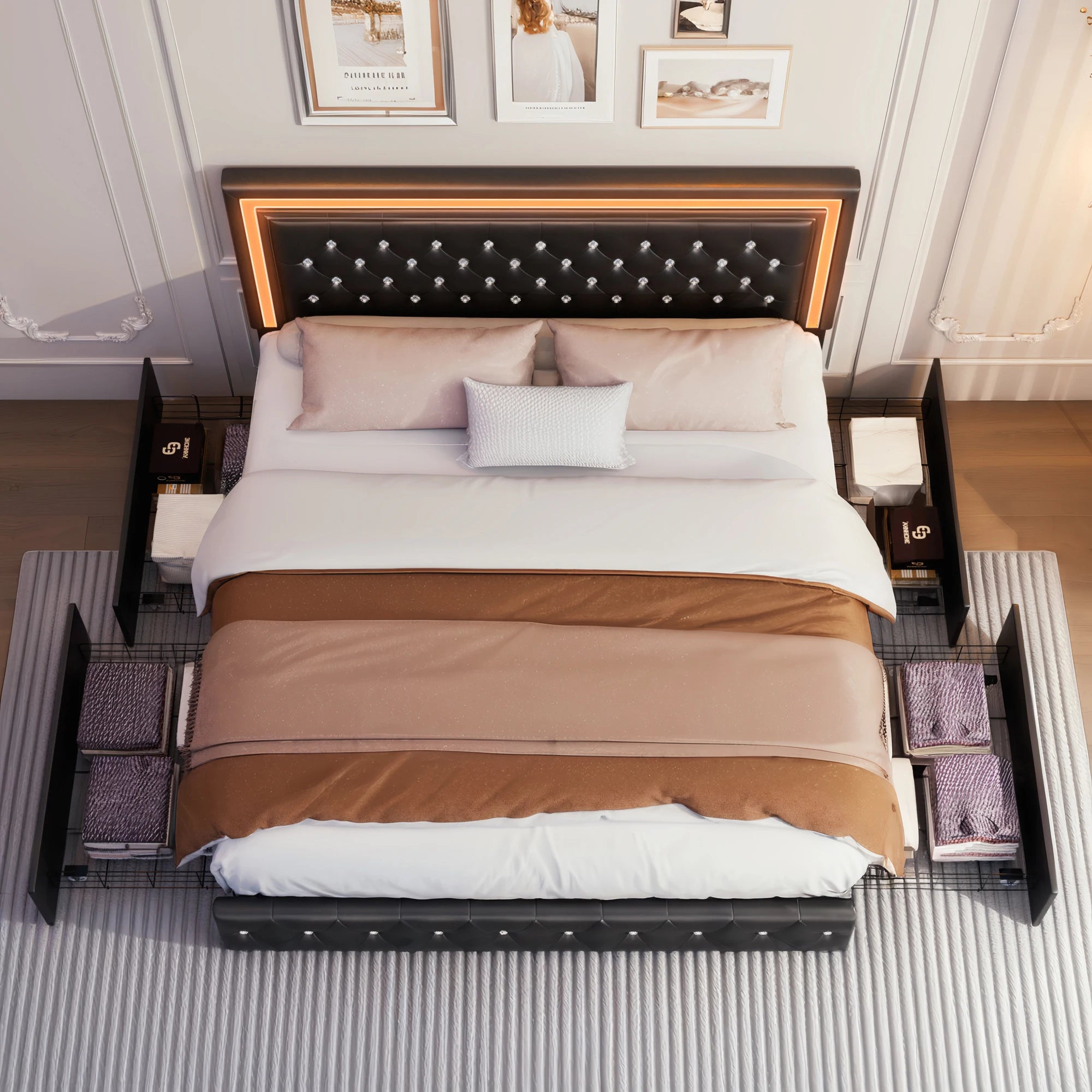 GEGOFORU Queen LED Platform Bed Frame with 4 Storage, PU Leather, No Box Spring, Easy Assembly, 900lbs Capacity