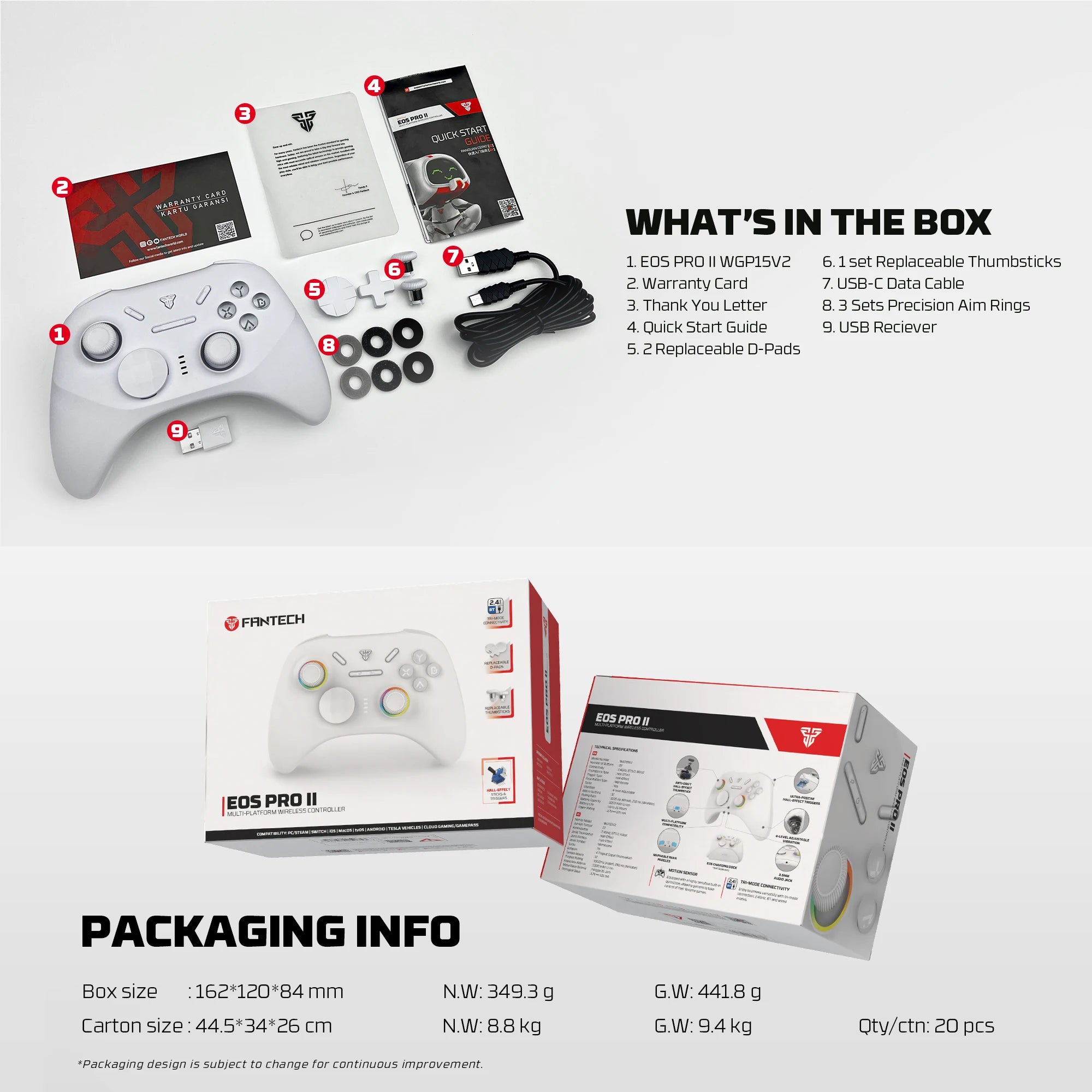 FANTECH EOS PRO II Wireless Gamepad Hall Effect Joysticks Triggers RGB Light Gaming Controller With New Upgrade 1000hz