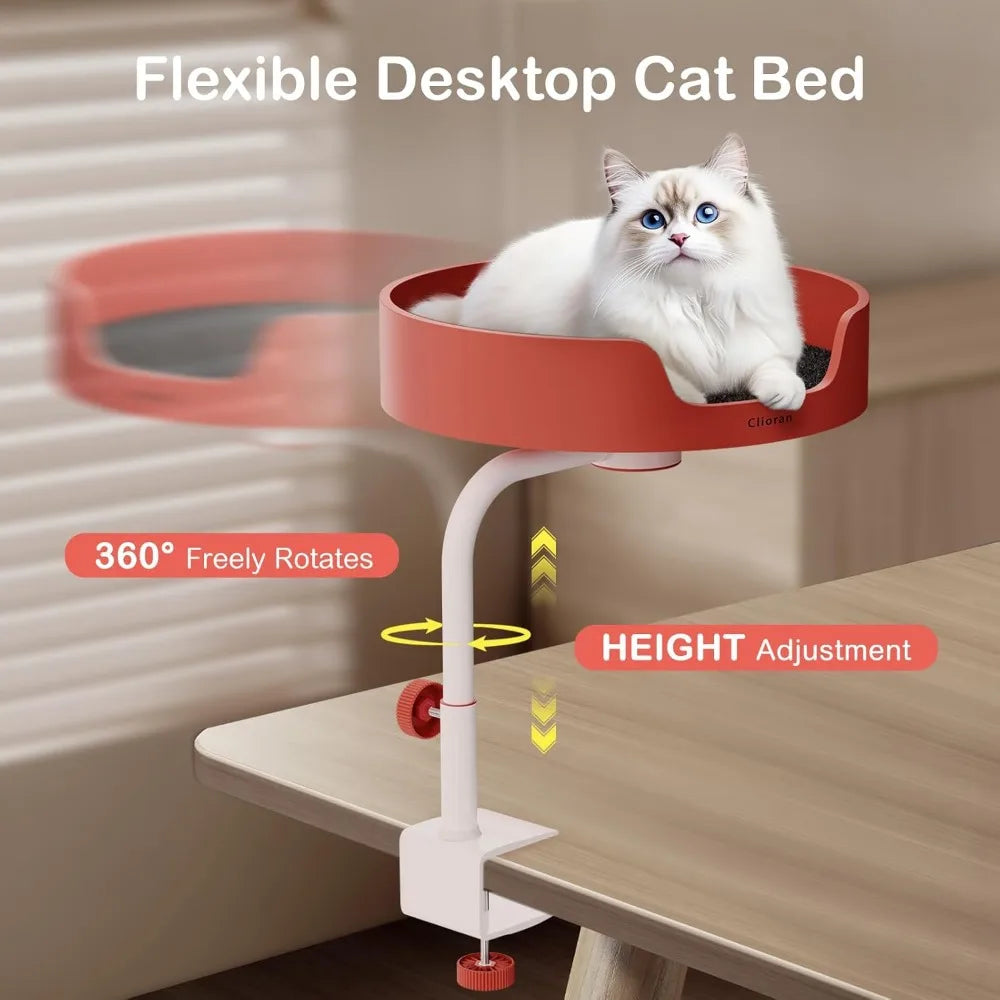 Cat Desk Bed Large Perch Nest with Teaser Easy Install,Space Saving Mount Design,Sturdy Frame,Removable Cushion,Clamp Desktop At