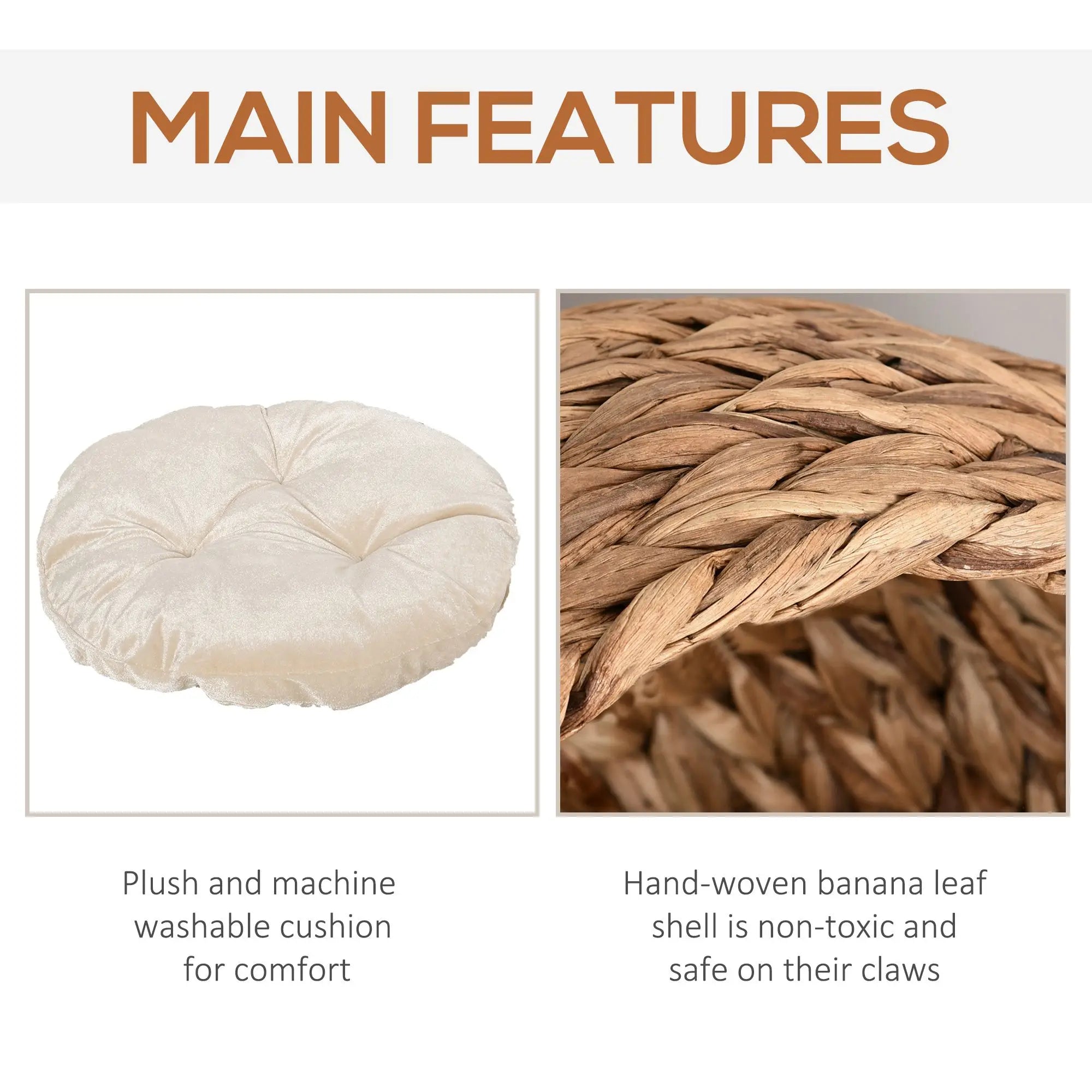 For PawHut 20" Elevated Cat Bed, Natural Braided Banana Leaf Basket with Cushion, Brown