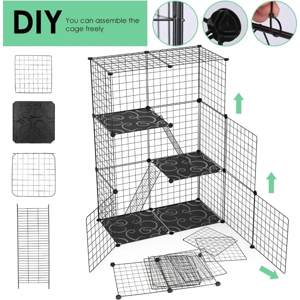Large 3-Tier Cat Cage & Enclosure - Detachable Indoor Cat Playpen with 3 Doors & 2 Ramps, Metal Wire Cat Crate House Box for 1-2