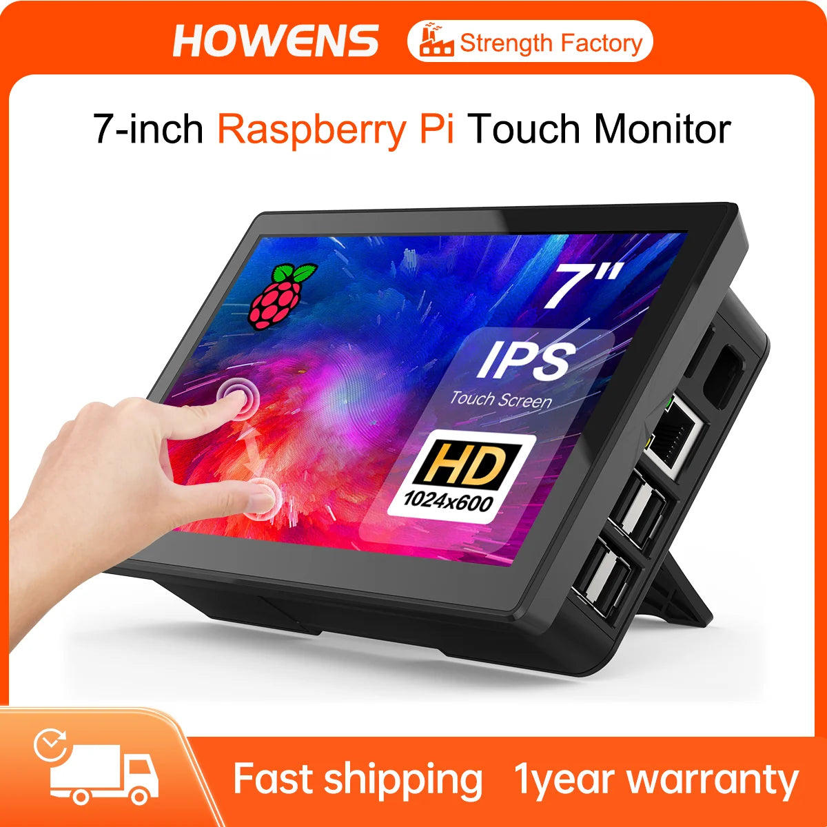 HOWENS Portable 7 inch Touch LCD Raspberry Pi 3 4  Screen Industrial Monitor 1024x600 Support HDMI Type-c Display Laptop Pie 3/4