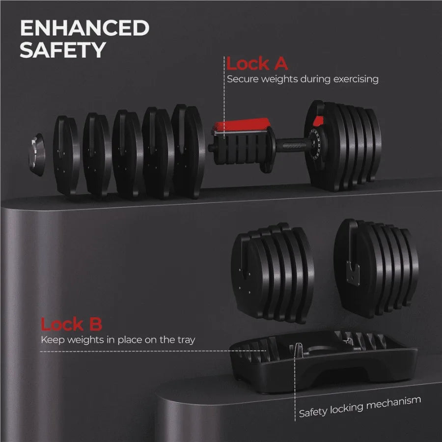 490 Pfund Schnellverstellbares Hantelset für das Heim-Fitnessstudio, 2er-Set, schwarz-rot, verstellbare Hanteln für Krafttraining, kompaktes Design