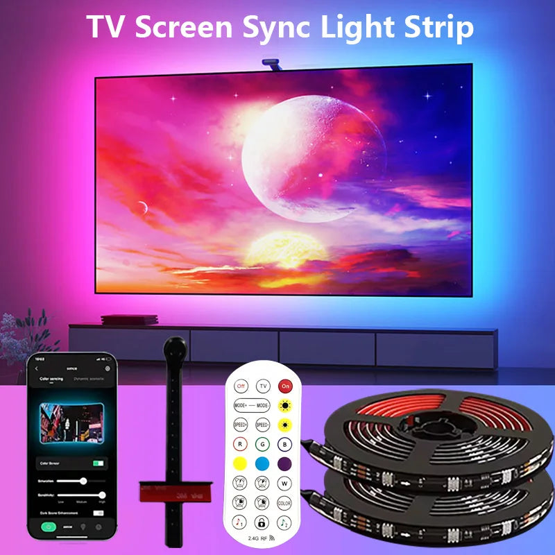 RGBIC-LED-TV-Hintergrundbeleuchtungsstreifen mit Farbauswahlsensor, Musiksynchronisation, App-Steuerung, 55–75 Zoll für die Atmosphärenbeleuchtung im Spielzimmer