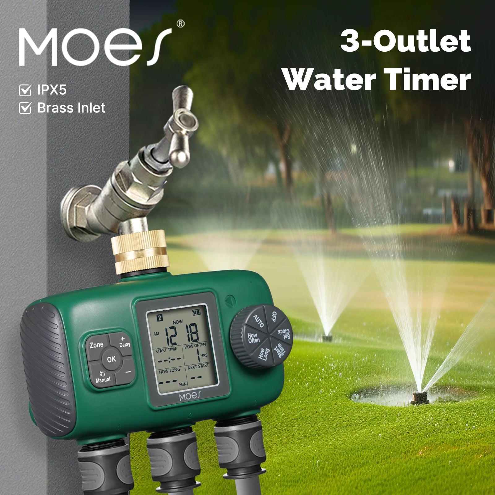 MOES 3-Outlet Smart Water Timer Brass Inlet IPX5Waterproof  Knob Button Automatic Irrigation LCD Display Screen Garden Sprinkler
