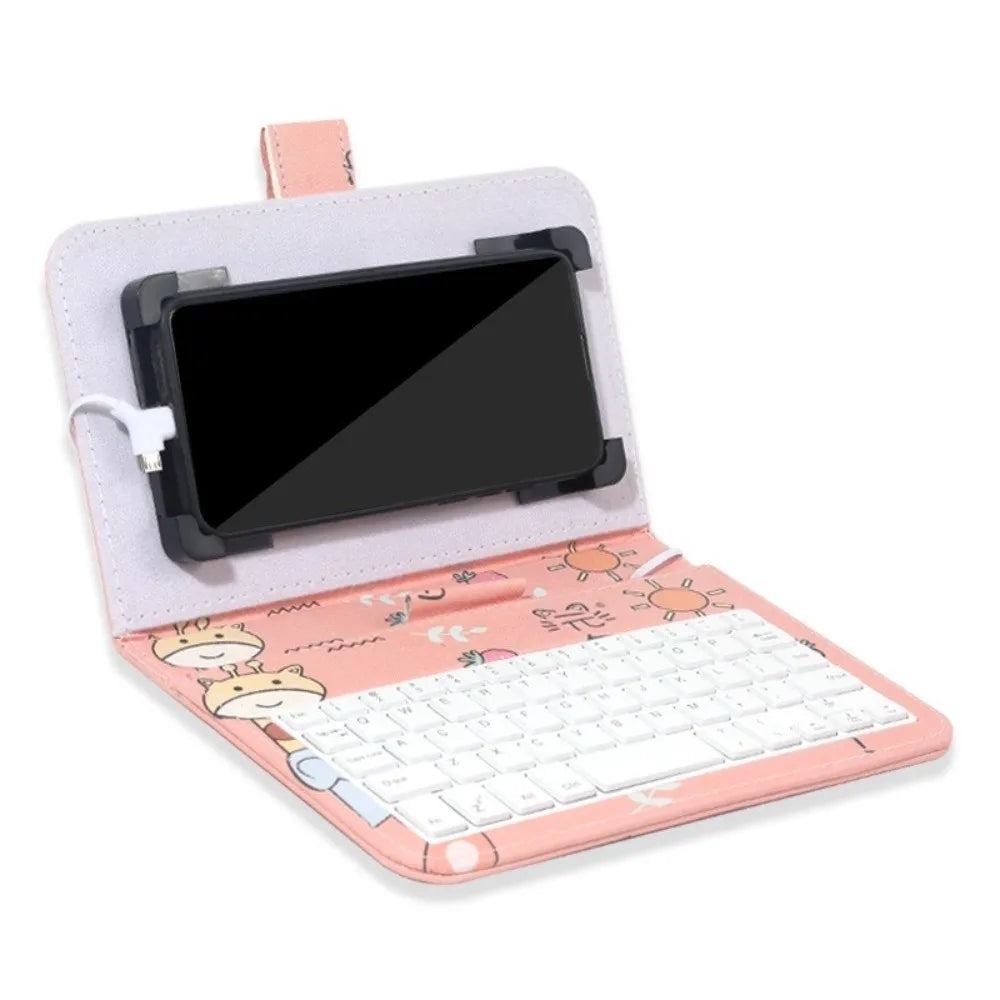 Portable Keyboard Mouse Set Type C & Micro Available Bluetooth Mouse Phone Holder PU Leather Shell Home Work Keyboard