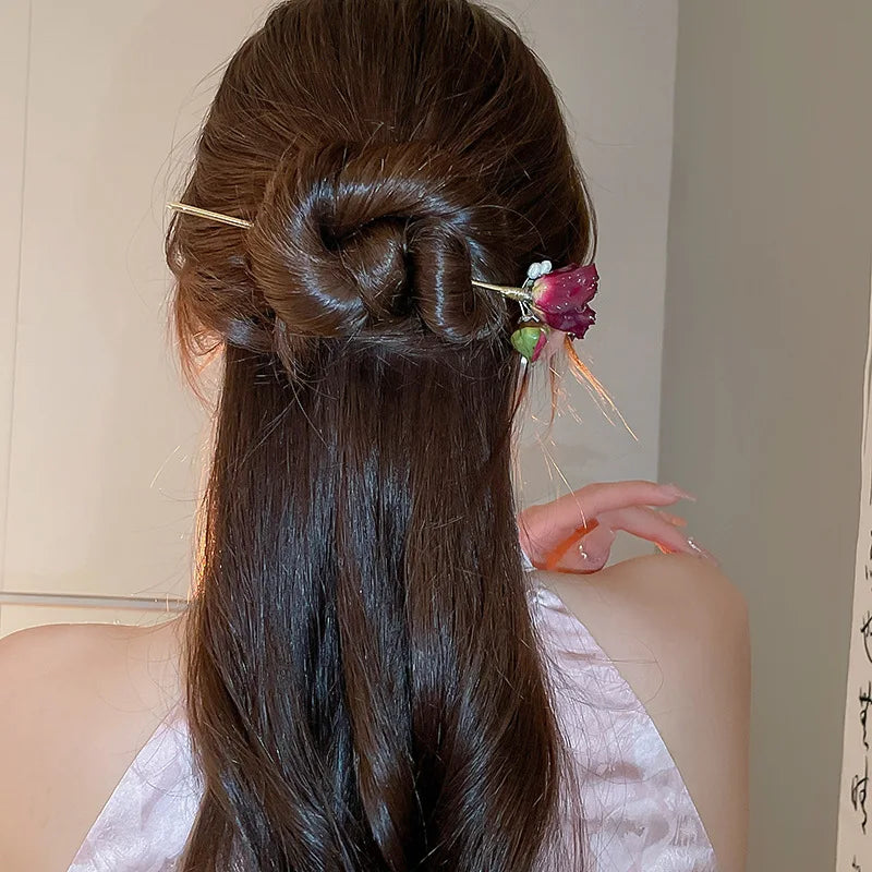 Vintage Rose Pearl Hairsticks for Women New Chinese Style Hairpin Fashion Hairpin Hair Clasp Charms Flower Hair Accessories