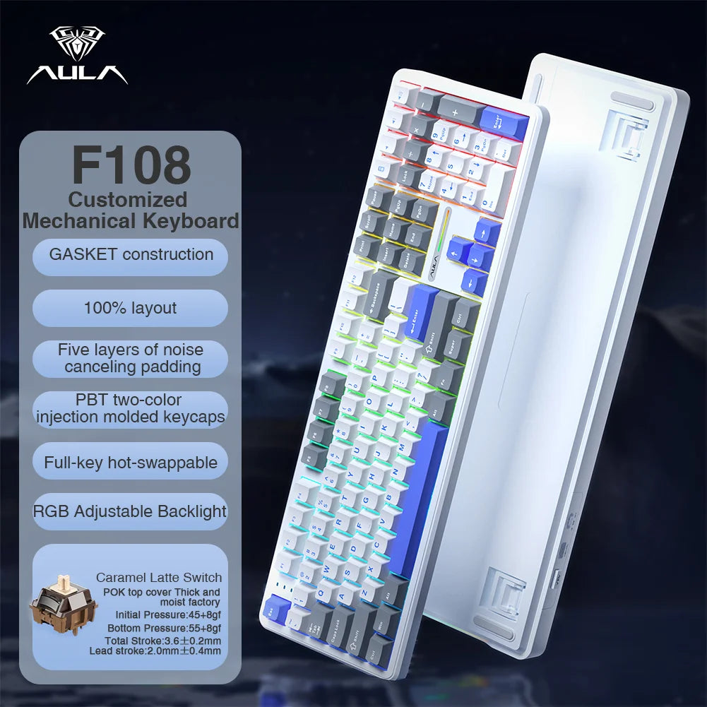 AULA F108-Tastatur, 100 % Layout, 1K-Abfragerate, mechanische Gaming-Tastatur, Hot-Swap-fähiger linearer Schalter mit Makro-Software