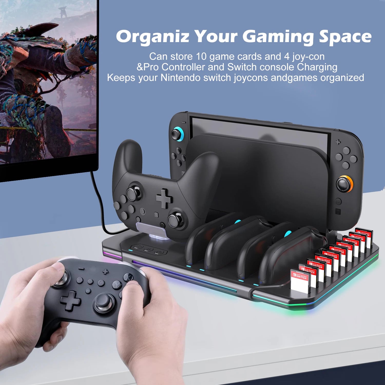 Multi-functional Cooling & Charging Stand SW2139 for Switch 2 with Cooling Fan,10 Game Card Slots & Offering 9 Adj Light Effects
