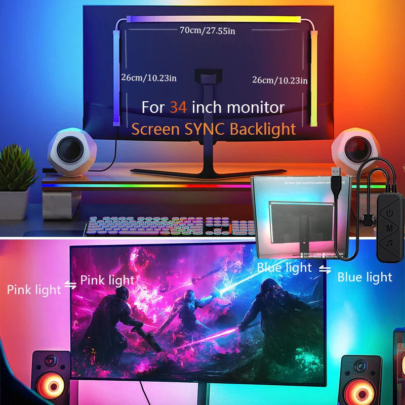 Smart Game PC Screen SYNC Backlight USB RGBIC LED Strip Light Color Picking Lamp Tape for Computer Monitor Gaming Room Decor