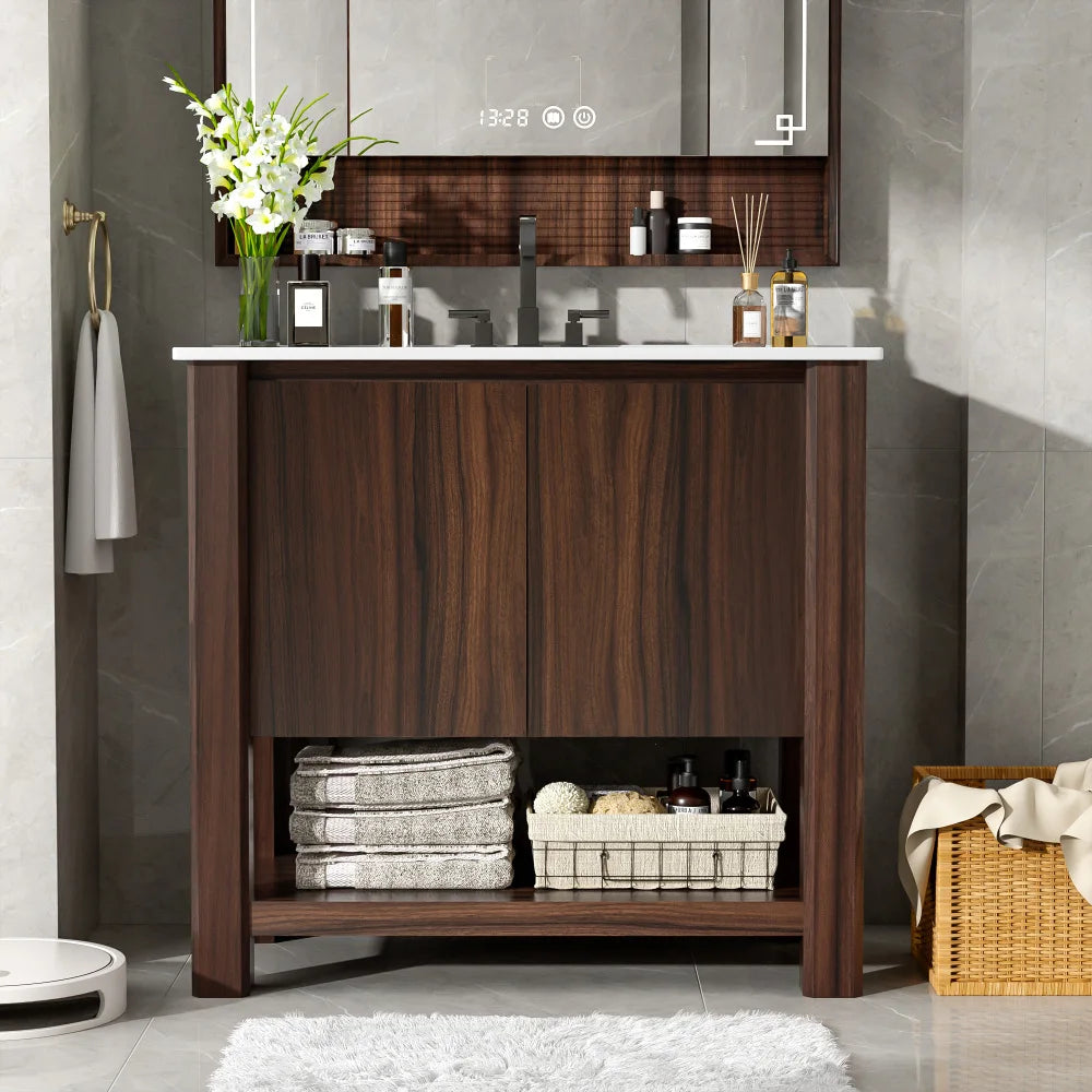 36" Modern Bathroom Vanity with Rectangle Ceramic Sink, Bathroom Cabinet with Large storage space and 45 Degrees Free-Handle